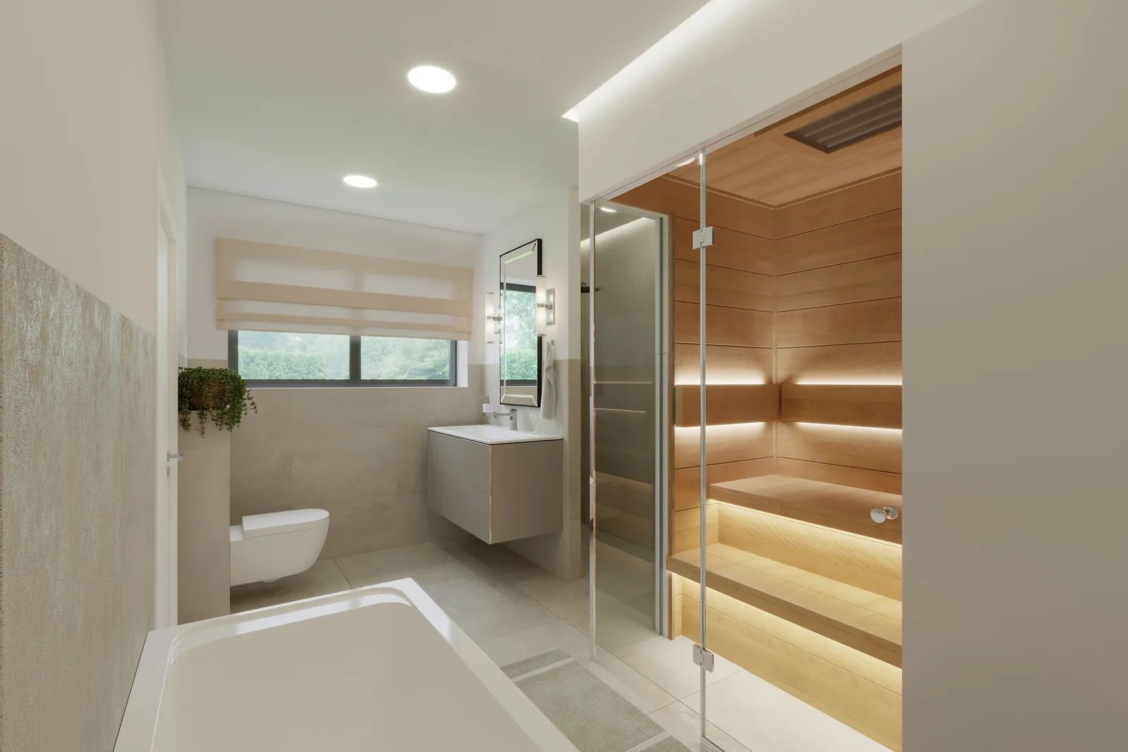 Wellnessbad mit Sauna, Badewanne und Dusche in einem Massivhaus