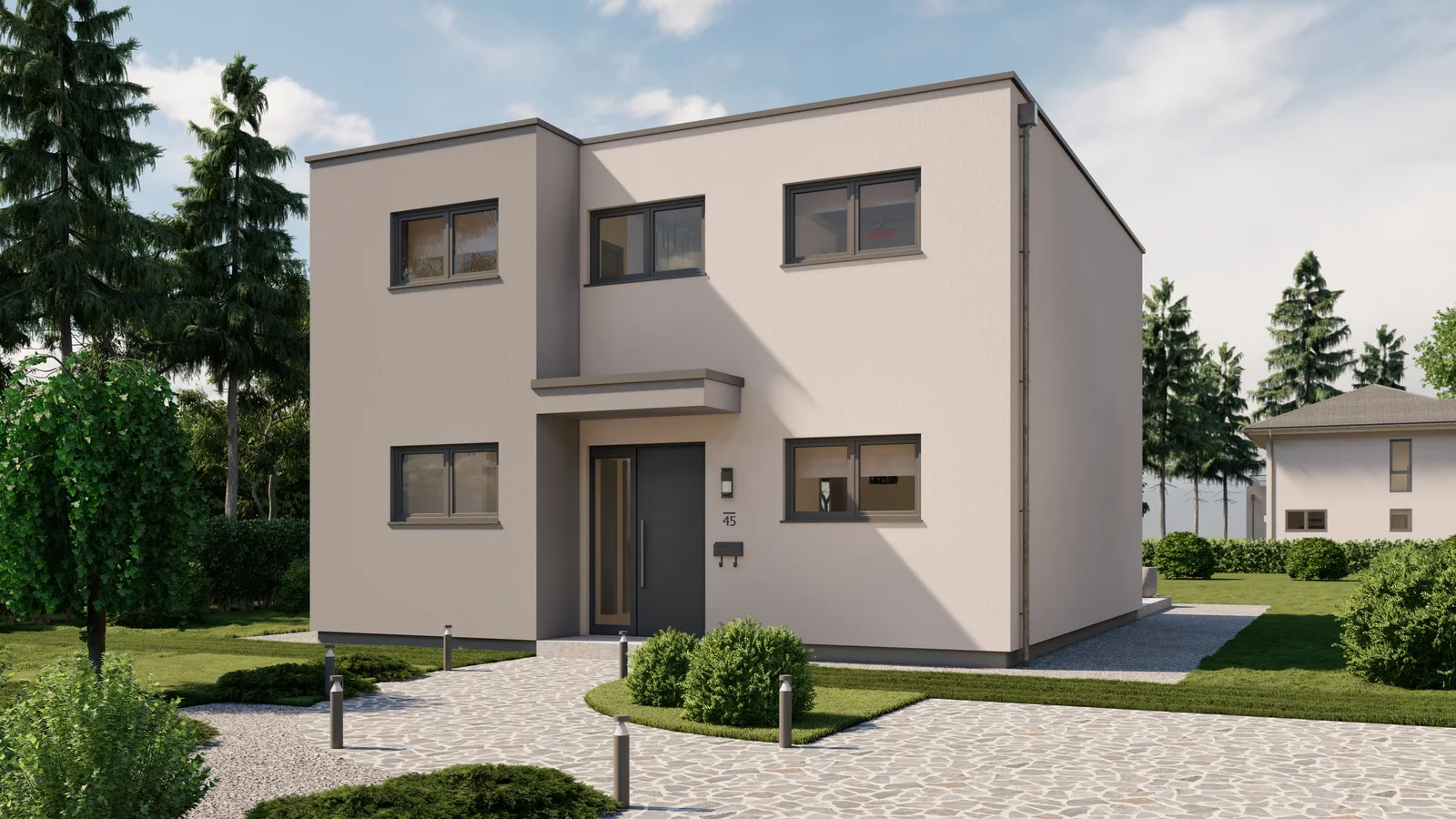 Bauhaus 144, Frontansicht des kubischen Massivhauses mit Flachdach in Berlin