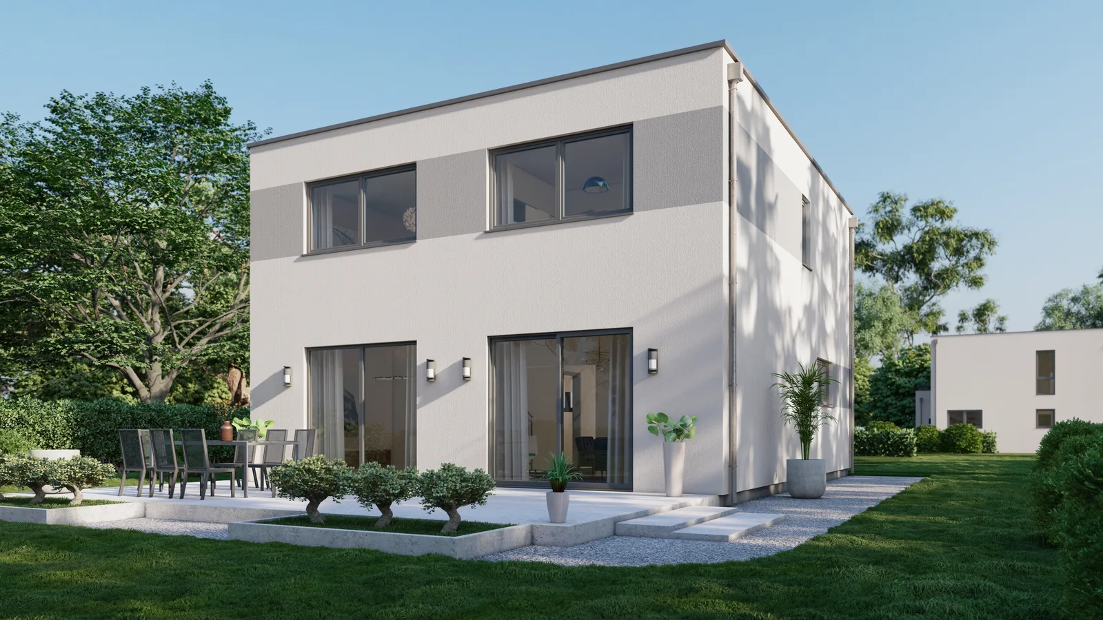 Bauhaus 144, Gartenansicht mit Terrasse und bodentiefen Fenstern
