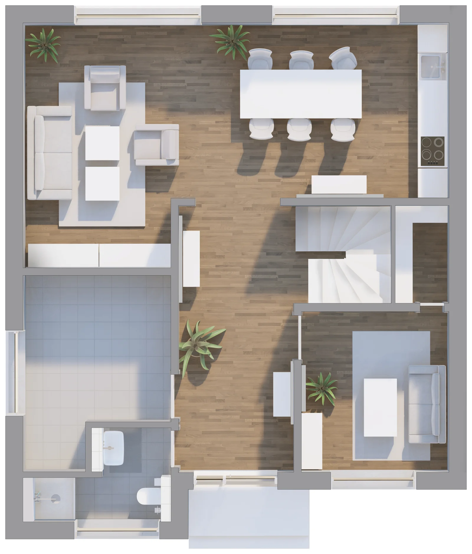 Bauhaus 144 Grundriss Erdgeschoss mit offenem Wohnbereich, Küche und Arbeitszimmer