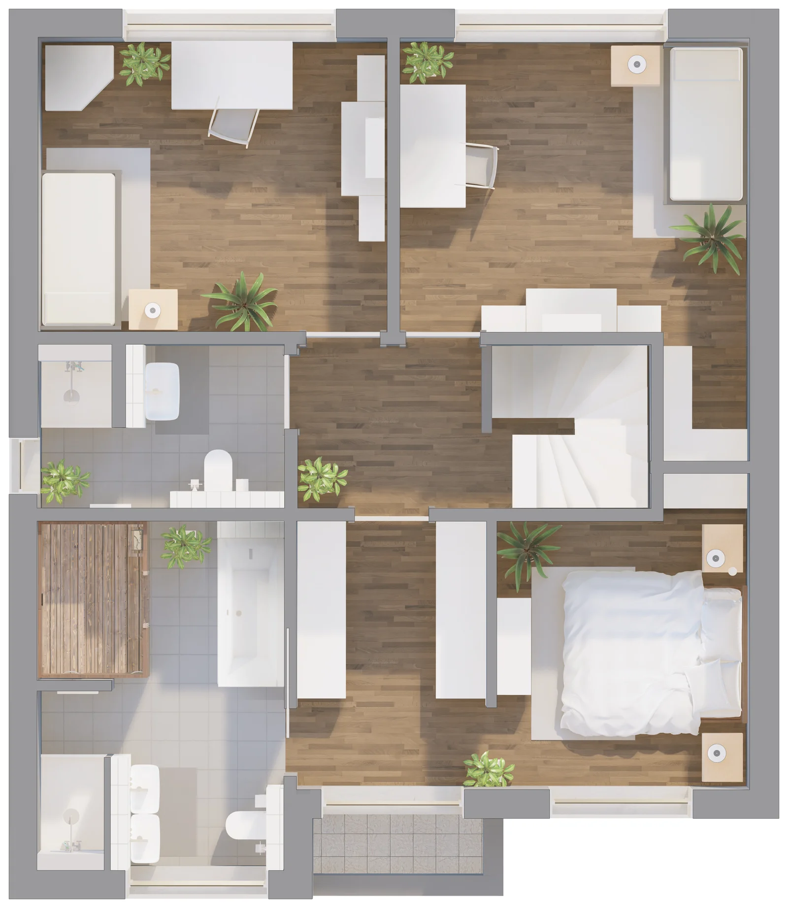Bauhaus 144 Grundriss Obergeschoss mit Elternschlafzimmer, zwei Kinderzimmern und Wellnessbad mit Sauna