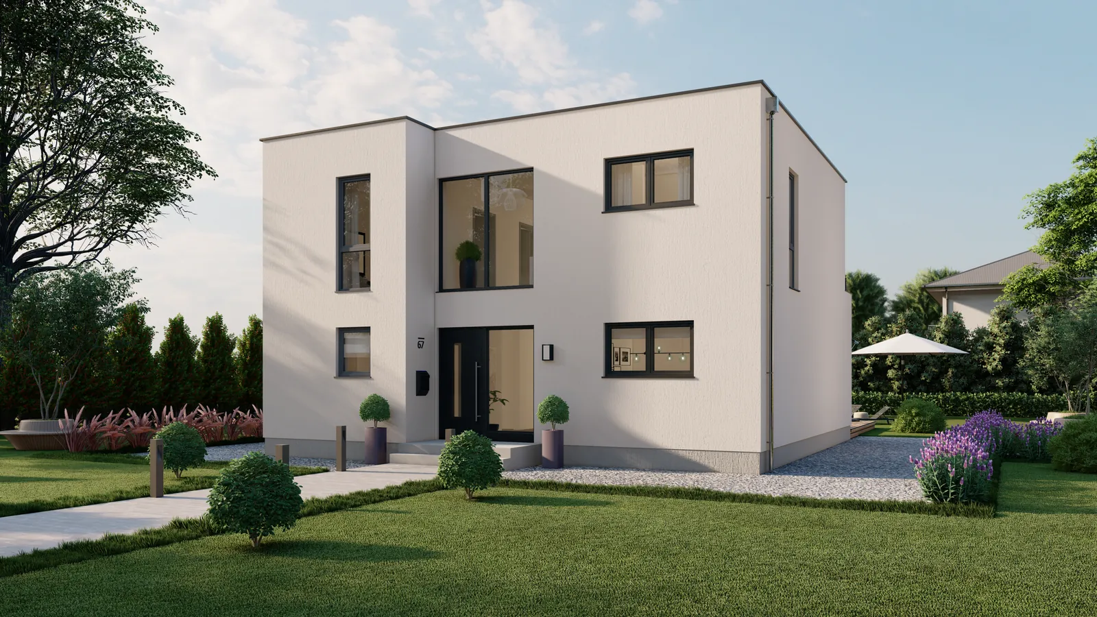Bauhaus 157, Frontansicht des Massivhauses mit Flachdach im Bauhausstil