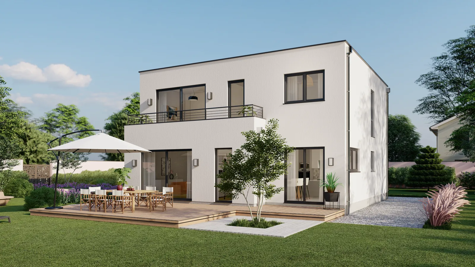 Bauhaus 157, Gartenansicht mit Terrasse und durchgehendem Balkon