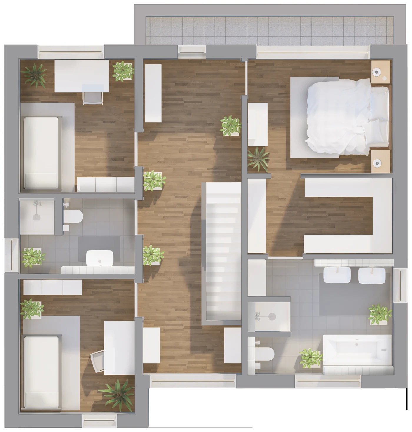 Bauhaus 157 Grundriss Obergeschoss mit drei Schlafzimmern, Ankleide, zwei Bädern und Balkon