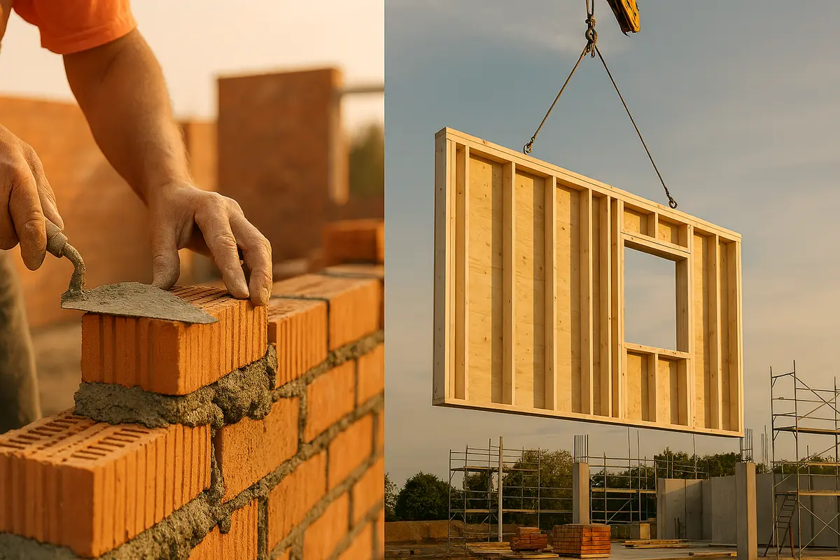 Hausbau-Concierge – Mann mit Bauplan vor modernem Haus