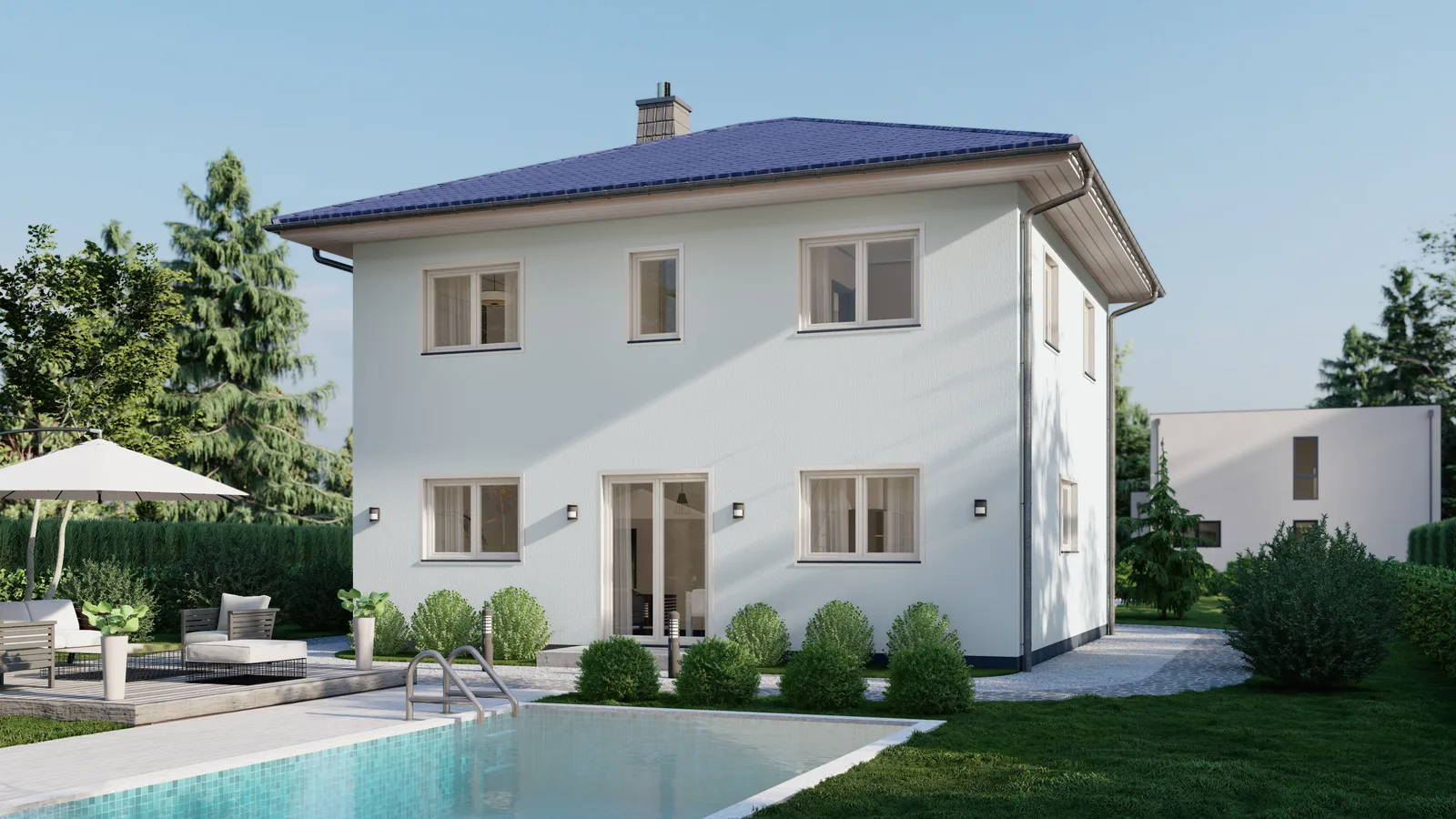 Stadtvilla 134, Gartenansicht mit Terrasse und Pool
