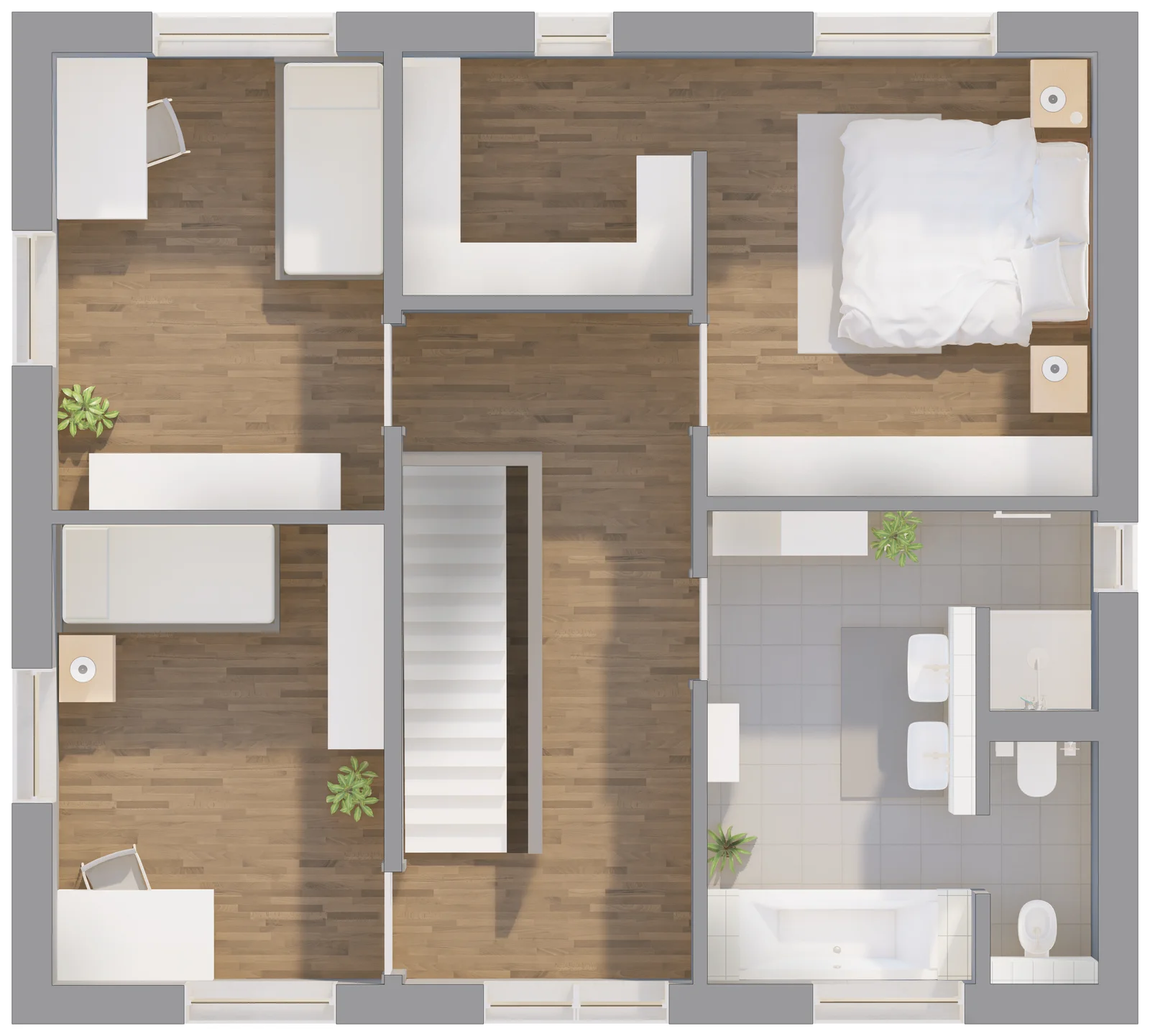 Stadtvilla 134 Grundriss Obergeschoss mit Elternschlafzimmer, zwei Kinderzimmern und Familienbad