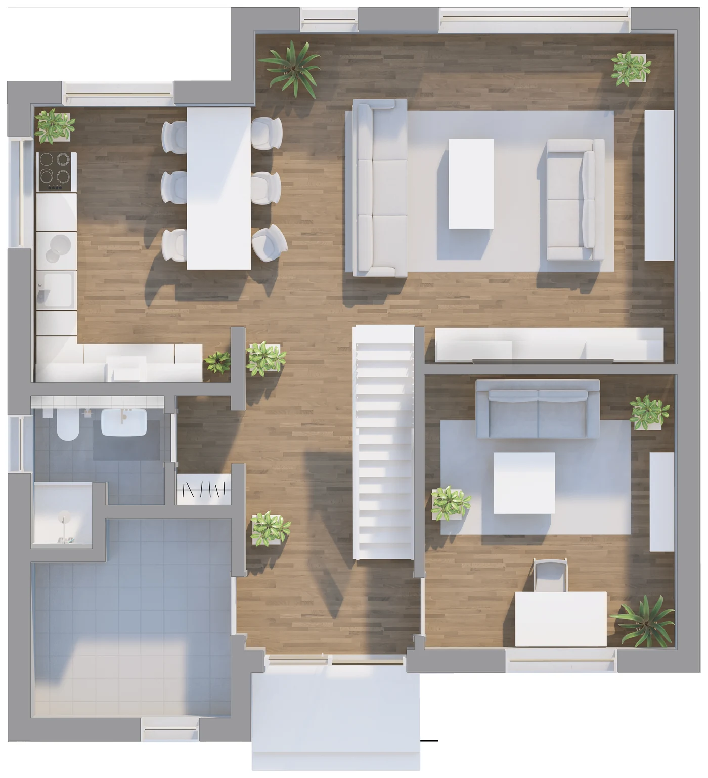 Stadtvilla 157 Grundriss Erdgeschoss mit offenem Wohnbereich, Küche, Arbeitszimmer und Terrasse