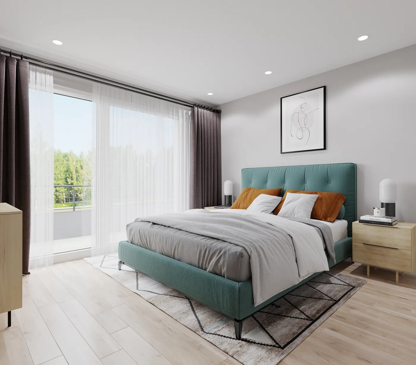 Stadtvilla 157, Elternschlafzimmer mit bodentiefen Fenstern und Balkonzugang