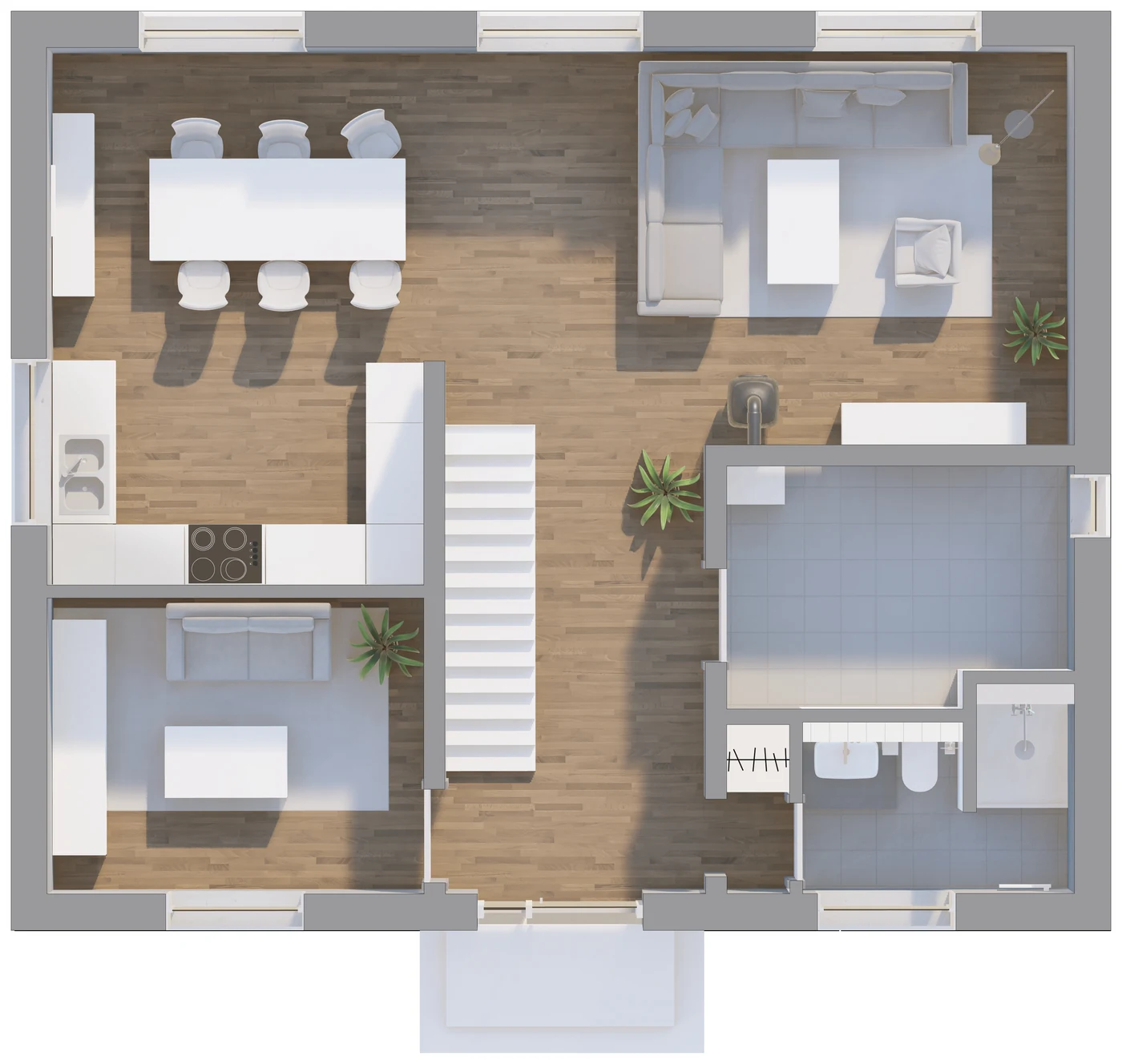 Taunushaus 146 Grundriss Erdgeschoss mit offenem Wohnbereich, Küche, Arbeitszimmer und Duschbad